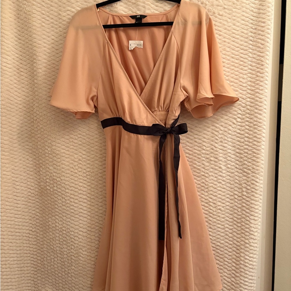 H&M blush Wrap Dress with Black Ribbon